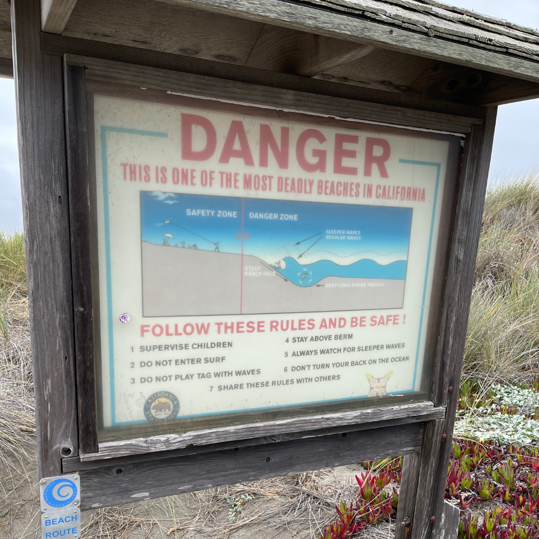 A sign on along the beach reading "DANGER" in very large very red all caps. The sign shows a diagram of the beach and the waves and illustrates the difference in the size of a regular wave compared to a sleeper wave. After the word danger, the sign reads "this is one of the most deadly beaches in California." The crux of the diagram shows a person submerged under the waves at the bottom of a deep long shore trough.