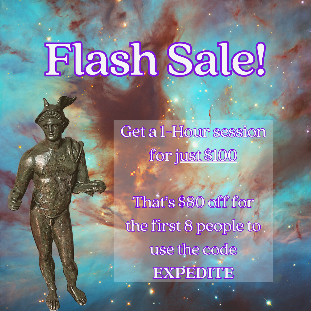 An image of a bronze Hermes statue against a backdrop of space. Text reads: Flash Sale! Get a 1-hour session for just $100. That's $80 off for the first 8 people to use the code EXPEDITE