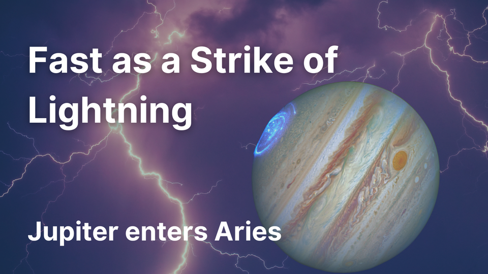 Jupiter with aurora visible in front of lightning. Text reads "fast as a strike of lightning jupiter enters aries".